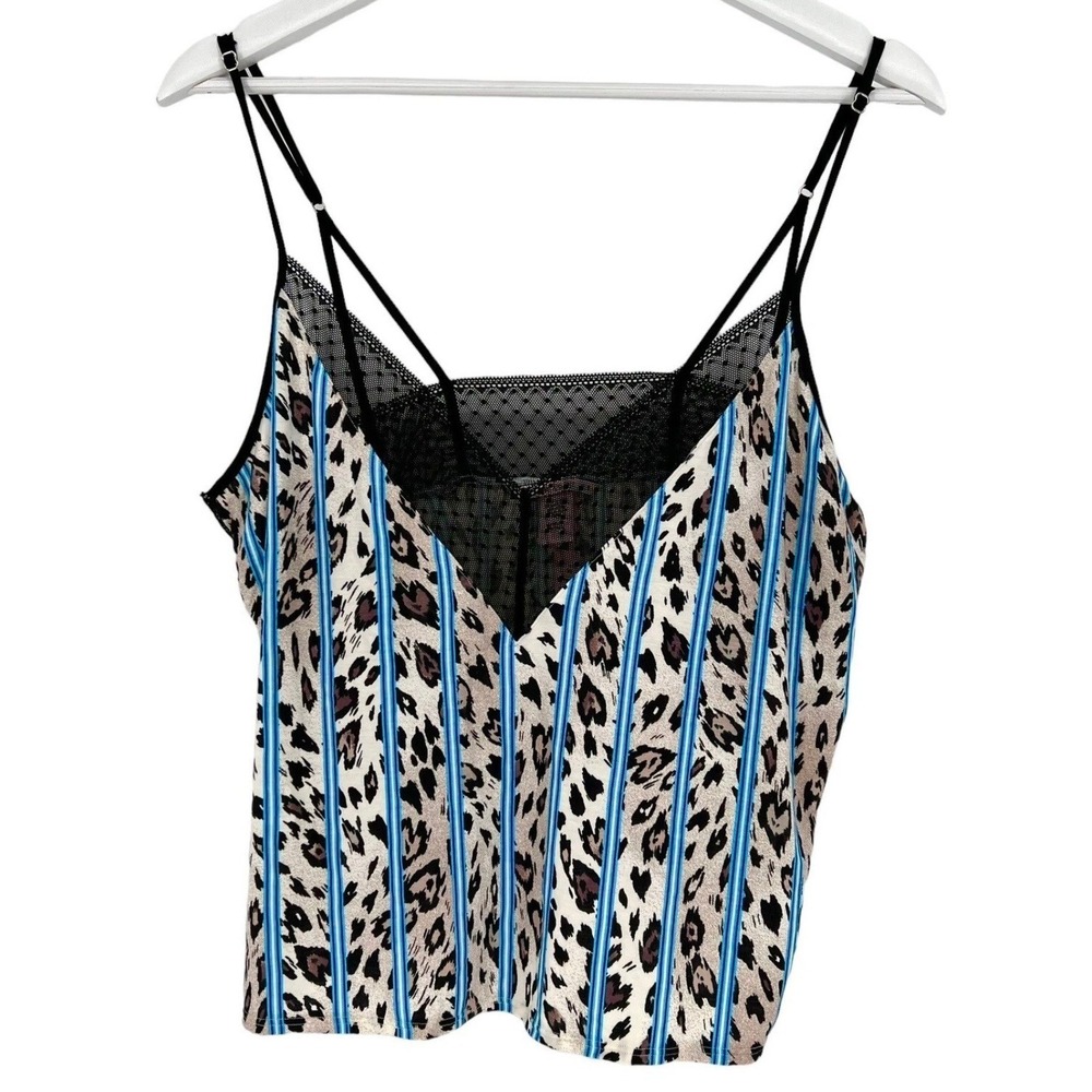 Victoria Secret Camisole Women XL Blue Leopard Print Mesh Lace Trim Cami Lounge